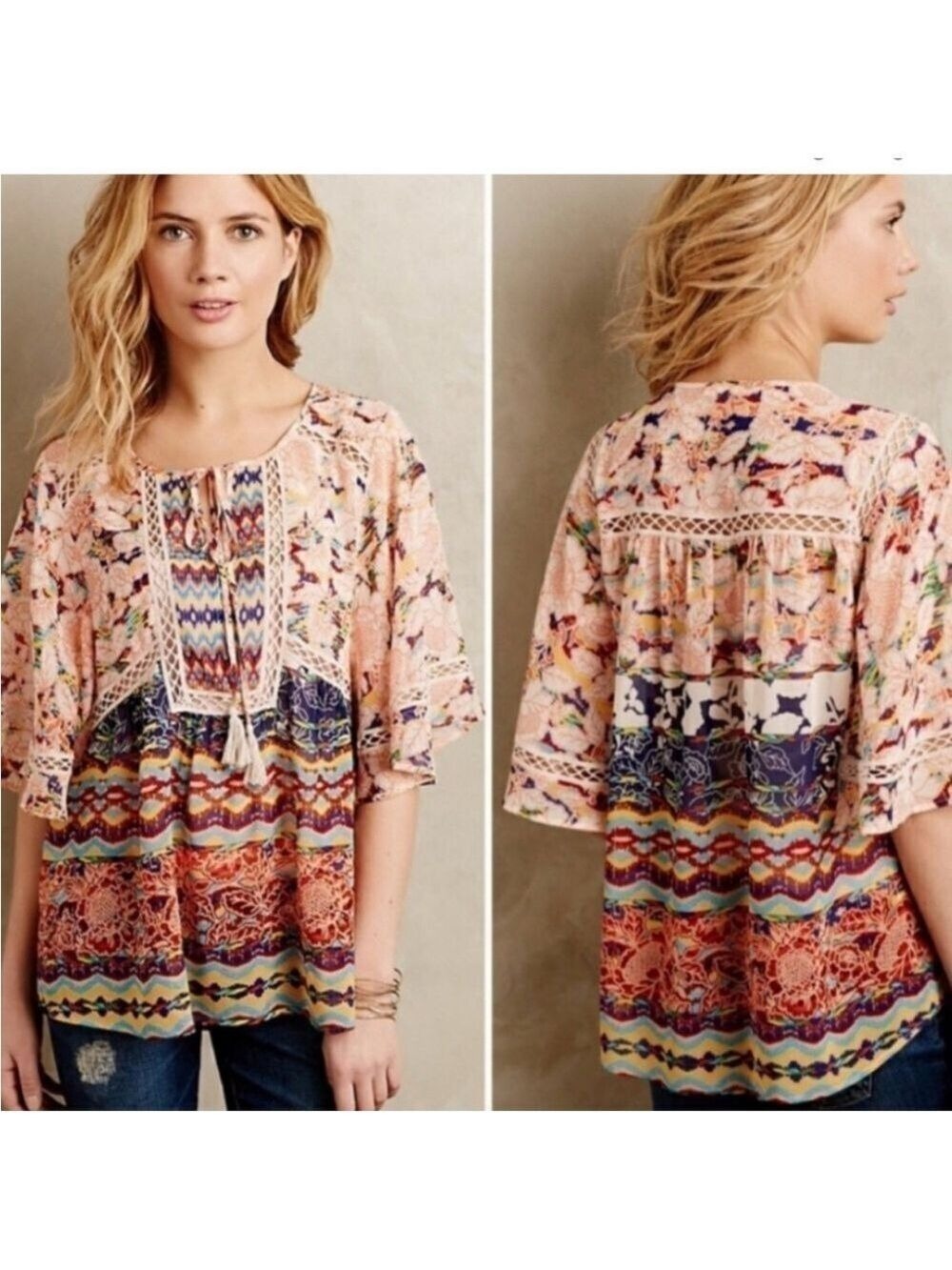 ANTHROPOLOGIE Meadow Rue Flowy Lace Multicolor Floral Bohemian Top